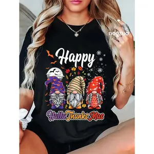 100% Cotton Happy Hallothanksmas Gnomes Halloween Thanksgiving Christmas T-Shirt