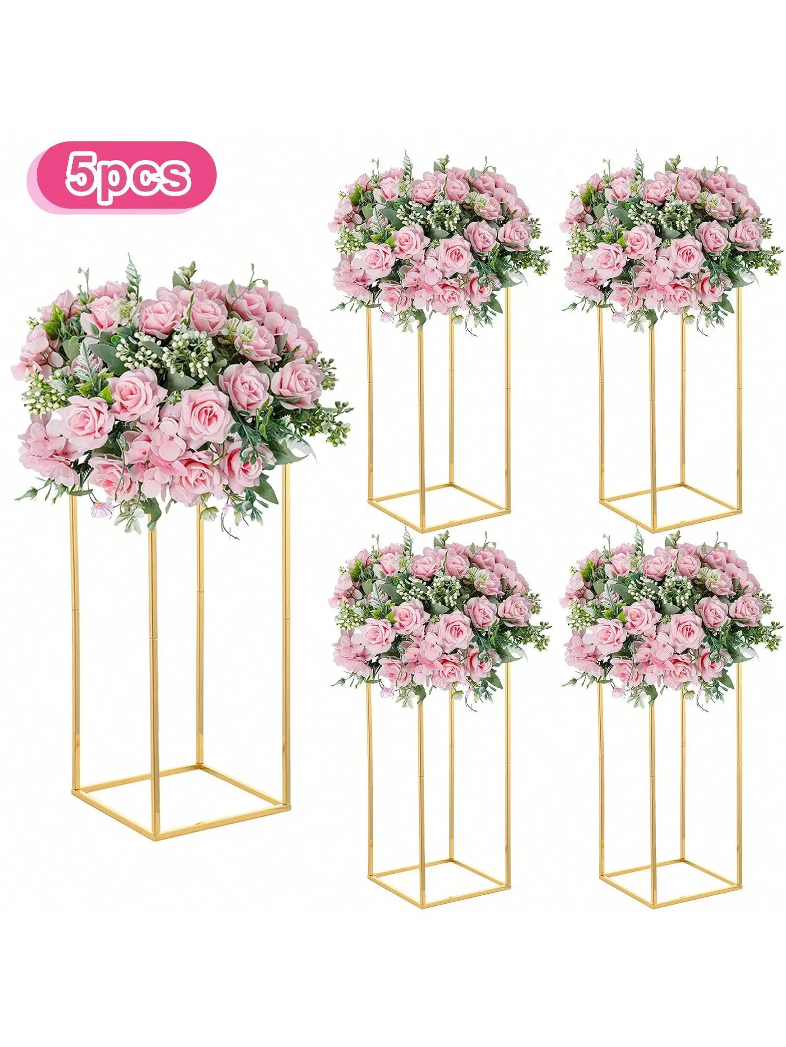 5Pcs Wedding Centerpieces for Table,Gold Wedding Flower Stand,Metal Column Geometric Floral Vase for Birthday Party Home Event Decoration(23.6inch)