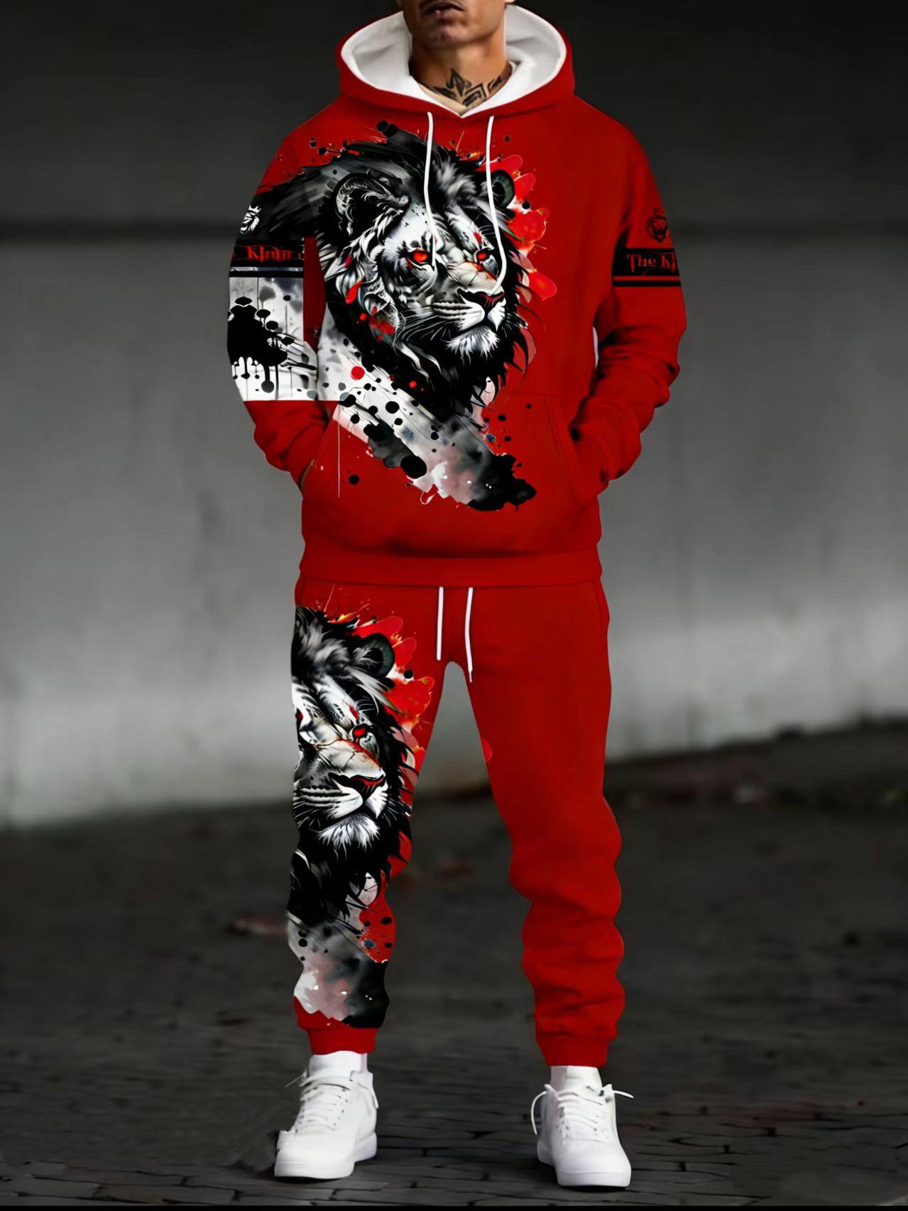 Two Piece Set European And American Trendy Lion Print Hooded Sweatshirt For Men Street Style Loose Fit Sports Two Piece Set