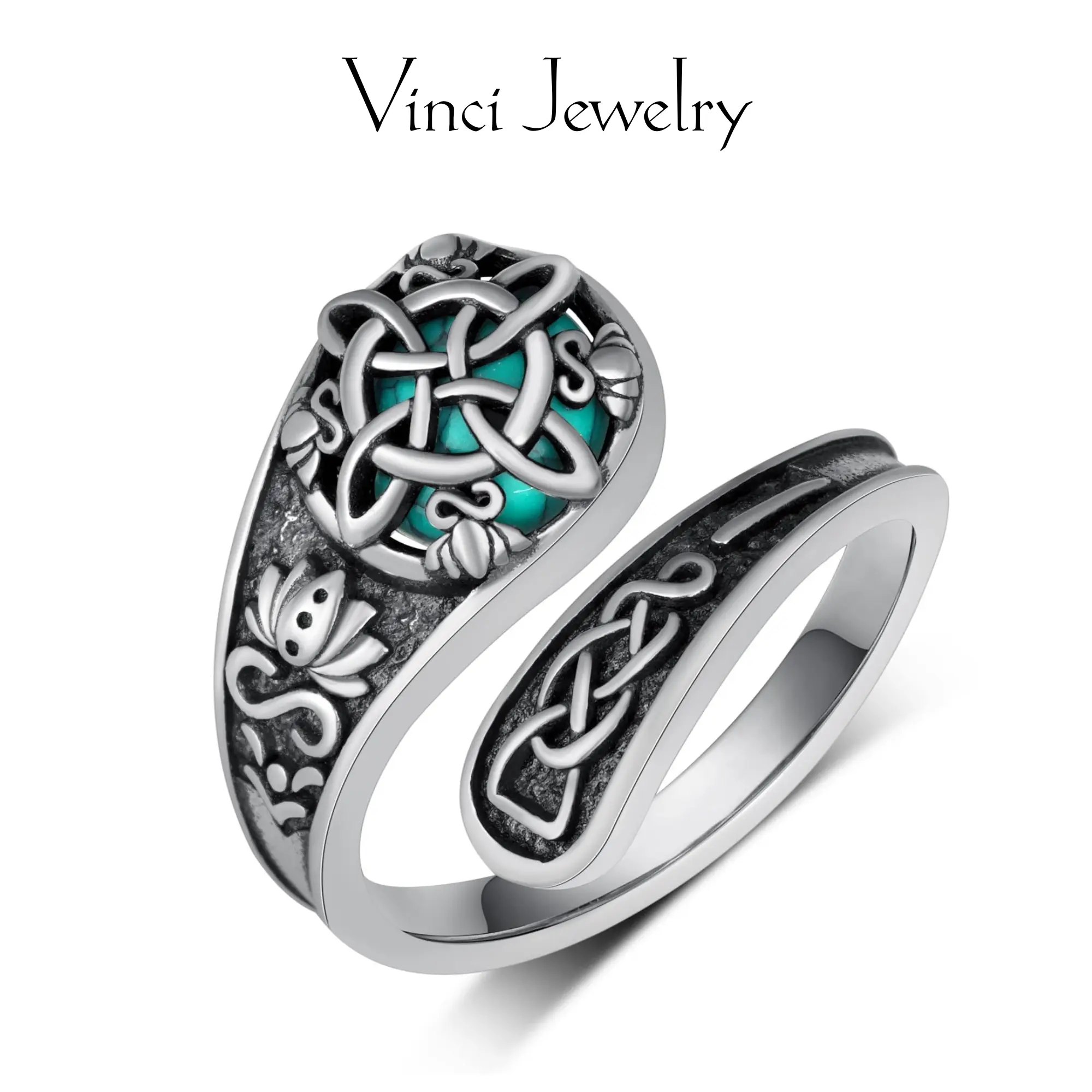 925 Sterling Silver Synthetic Turquoise Celtic Knot Open Ring, Vintage Spoon Ring Thumb Ring Unisex, Witch Knot Design, Witchtok Pagan Jewelry,Mother's day Gift