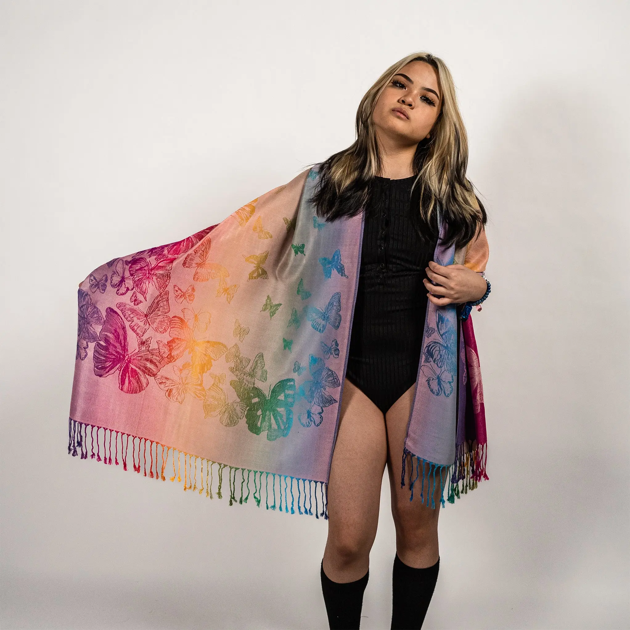 Rainbow Butterfly Rave Pashmina Scarf Versatile Rainbow Butterfly Rave Pashmina Scarf Versatile