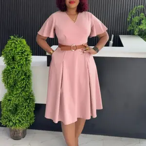 summer spring clothes Elegant Women Puff Sleeve Slim Pleated Pencil Dress 2025 Spring Solid Round Neck Bodycon Dresses Ladies Slim Fit Midi Dresses Formal Womenswear Check Light Gamis Basic Chic Minimalist Shortsleeve Sky Blue Vneck