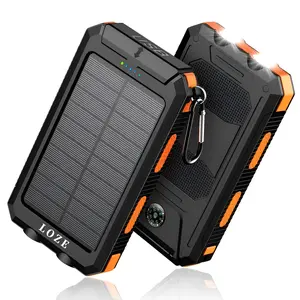 LOZE 10000mAh Solar Power Bank, a portable fast charger for all mobile devices, features dual USB ports, a built-in LED flashlight and compass, and IP65 water resistance, making it suitable for outdoor activities.