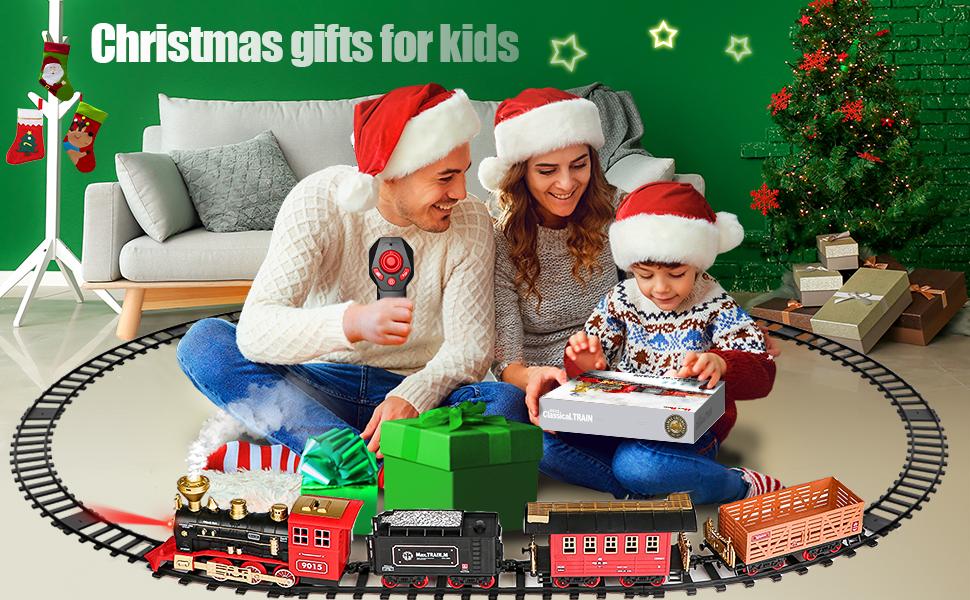 Hot bee Train Set - Train Toys for Boys with Smokes, Lights and Sound, Toy Train Set for Under Christmas Tree, Toddler Model Trains for 3 4 5 6 7 8+ Years Old Kids Christmas Toys Gifts