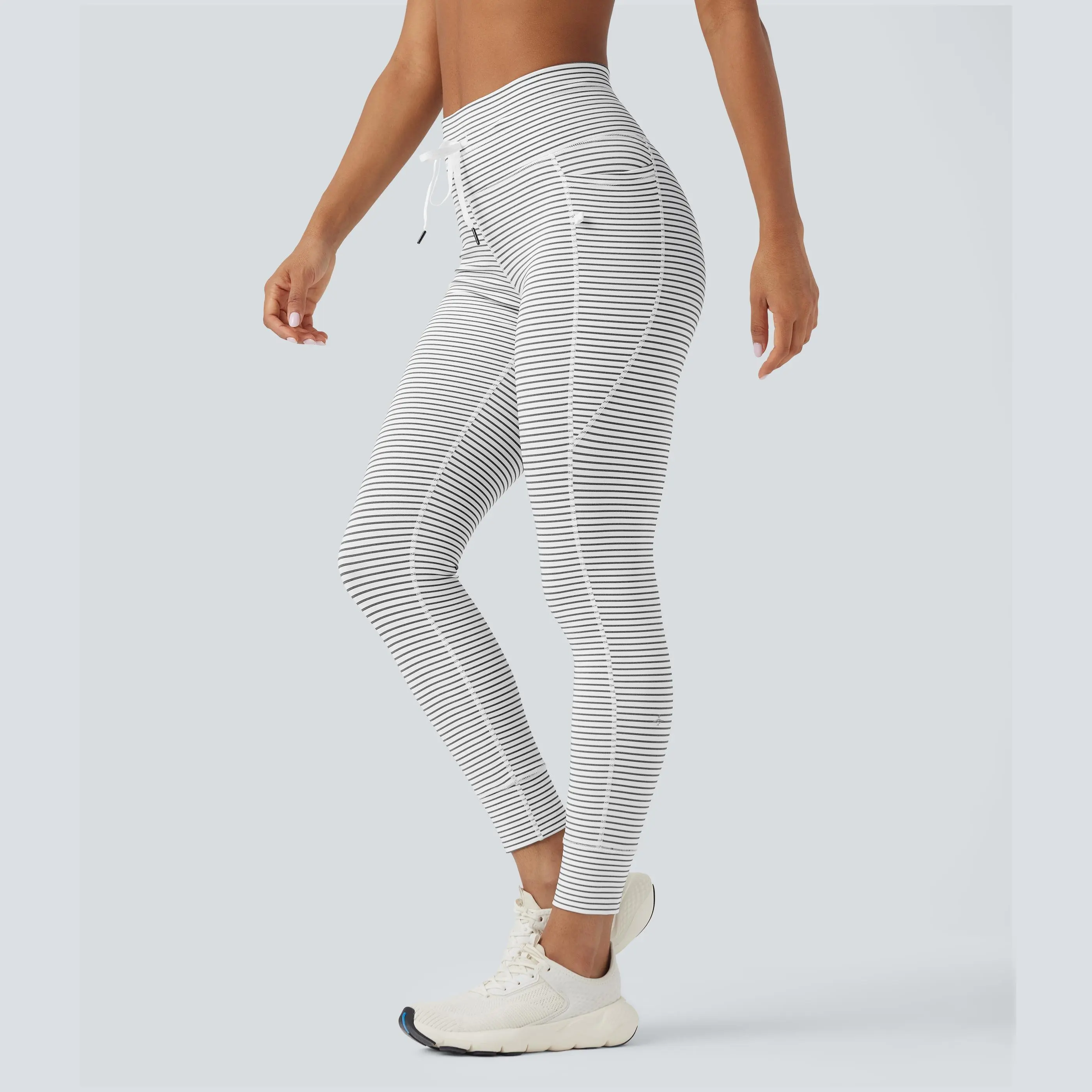 Halara High Waisted Drawstring Striped Yoga Leggings with Pockets
