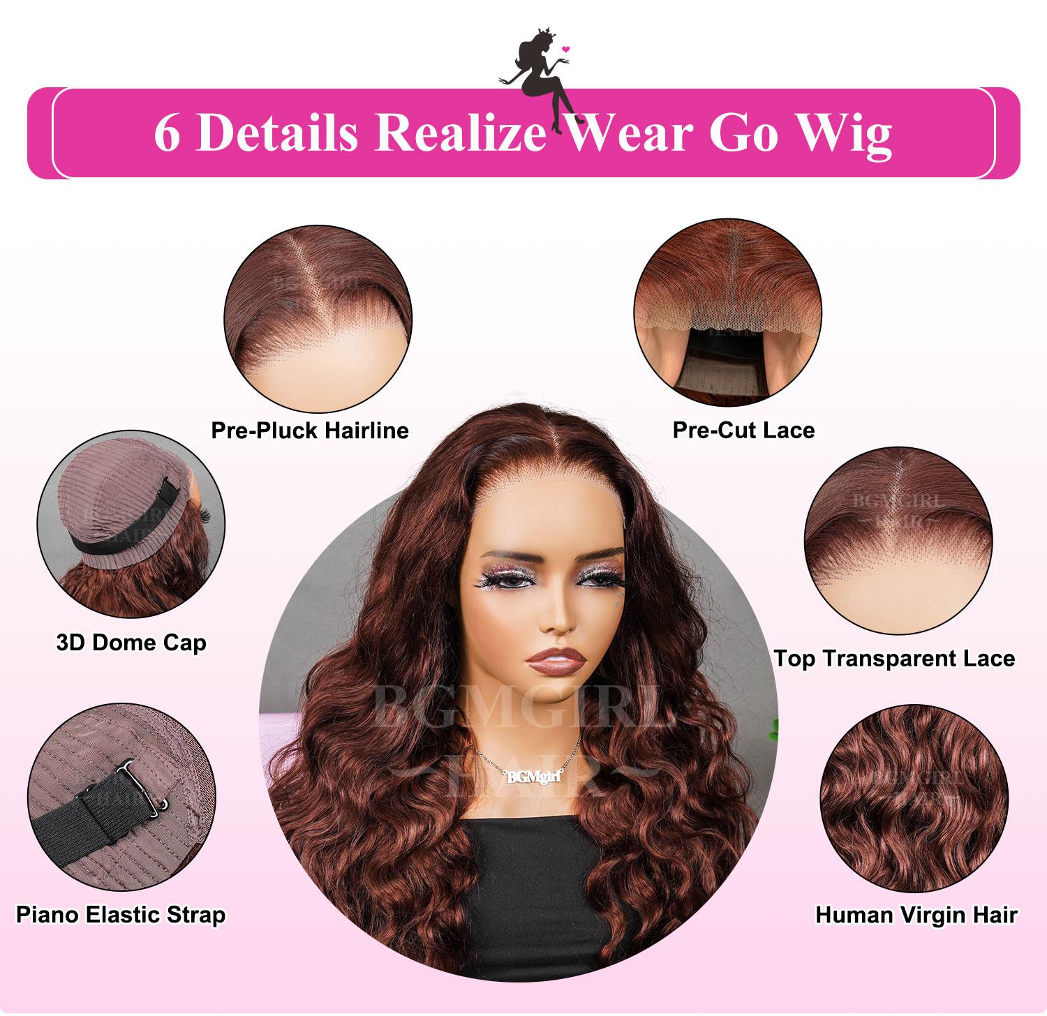 Reddish Brown Body Wave 6*4 Wear Go Wig 180% Density Pre Plucked Pre Cut Lace Closure Wig Glueless Colored Human Hair Wig BGMgirl Hair TikTokShopBlackFriday