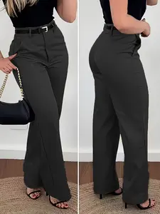 Fashionable Retro Women'S Suit Pants, Casual Daily Commute Professional Solid Color Women'S Trousers, Suitable for All Seasons, Non-Elastic Straight-Leg Trousers (No Belt)