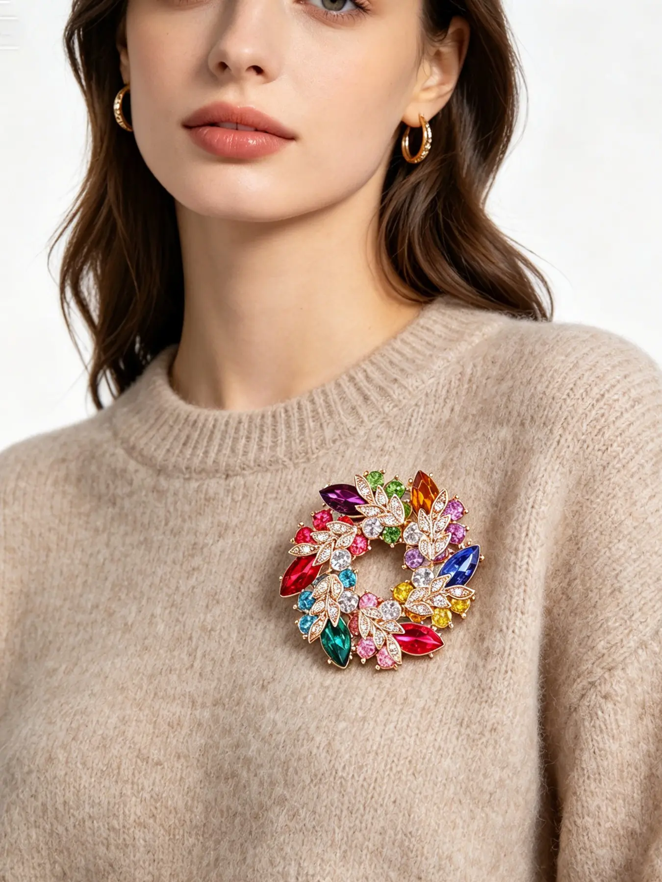 Korean Style Luxurious Colorful Diamond Brooch, Elegant Brooch With Crystals, Large Flower Crystal Pin, Boho Scarf Clip, Eco-Friendly Alloy Jewelry for All Seasons, Floral Pins