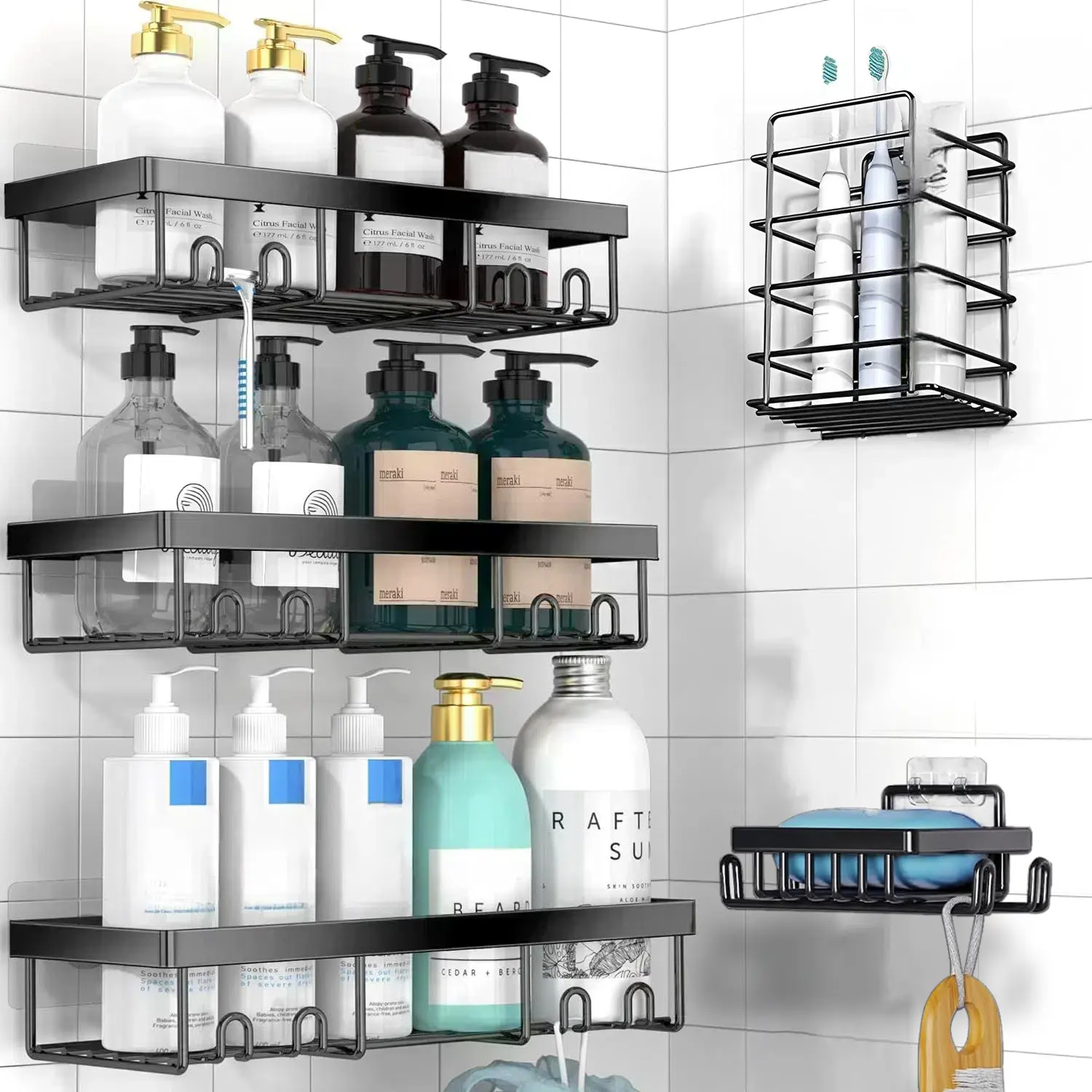 Shower Caddy 5 Pack, Adhesive Bathroom Shower Organizer for Bathroom Storage, No Drilling Large Capacity Rustproof Stainless Steel Shower Shelves Rack for Bath, Black