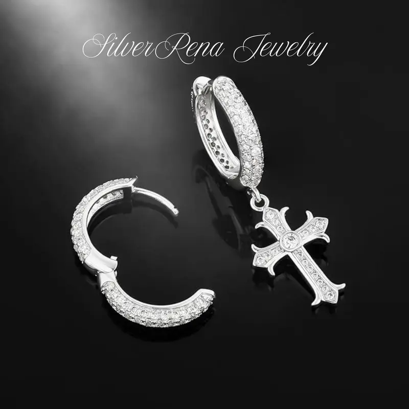 Asymmetrical Cross Huggie Earrings with Sparkling CZ Design, 18K Gold Plated and Synthetic Obsidian Hoop Earrings, Punk Gothic Style, Christians, Mysterious Style Perfect for Daily Wear, Unisex Gift for Friends