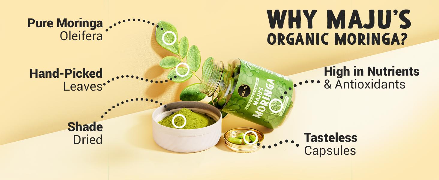 MAJU Moringa Capsules (90ct) - Organic, Non-GMO, Raw, Leaves Hand Picked from the Drumstick Tree and Shade-Dried, Natural Healthcare Dietary Fitness Antioxidant Rich Supplement High Potency Supplement