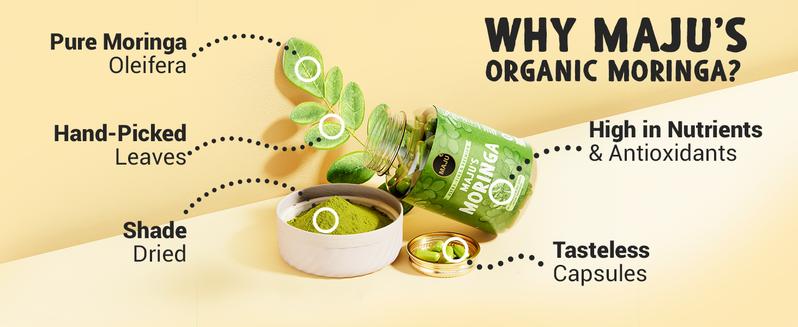 MAJU Moringa Capsules (90ct) - Organic, Non-GMO, Raw, Leaves Hand Picked from the Drumstick Tree and Shade-Dried, Natural Healthcare Dietary Fitness Antioxidant Rich Supplement High Potency Supplement MAJU Moringa Capsules (90ct) - Organic, Non-GMO, Raw, Leaves Hand Picked from the Drumstick Tree and Shade-Dried, Natural Healthcare Dietary Fitness Antioxidant Rich Supplement High Potency Supplement