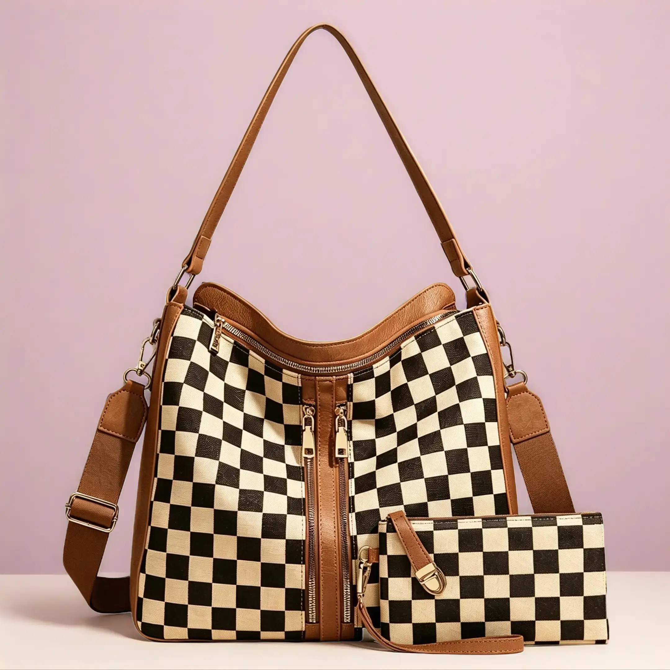 Checkered Plaid Women Large Crossbody Bag Set, Multi-way Shoulder Top Handle Satchel with Mini Purse, Vintage Casual Everyday Travel HandbagFashionable Plaid Shoulder Bag