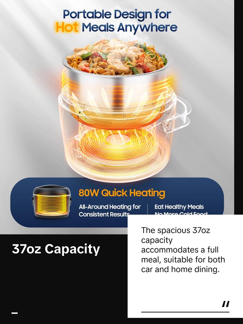 CHEFSPOT 37oz Electric Lunch Box Portable Food Warmer for Car & Home 12V/110V Heated Lunch Box with Stainless Steel Container Leak-Proof BPA-Free Includes Bag & Utensils