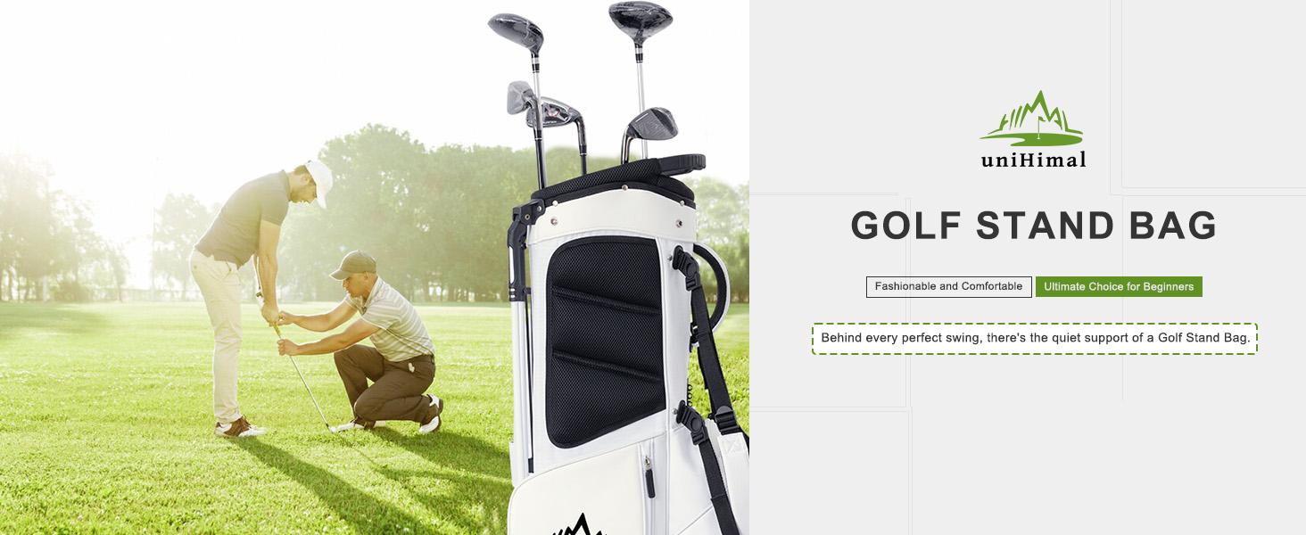 UNIHIMAl Lightweight Golf Stand Bag with 5 Way Full-Length Dividers, Semi-Concealed Stand, Folding Base, Adjustable Dual Straps and 8 Pockets White