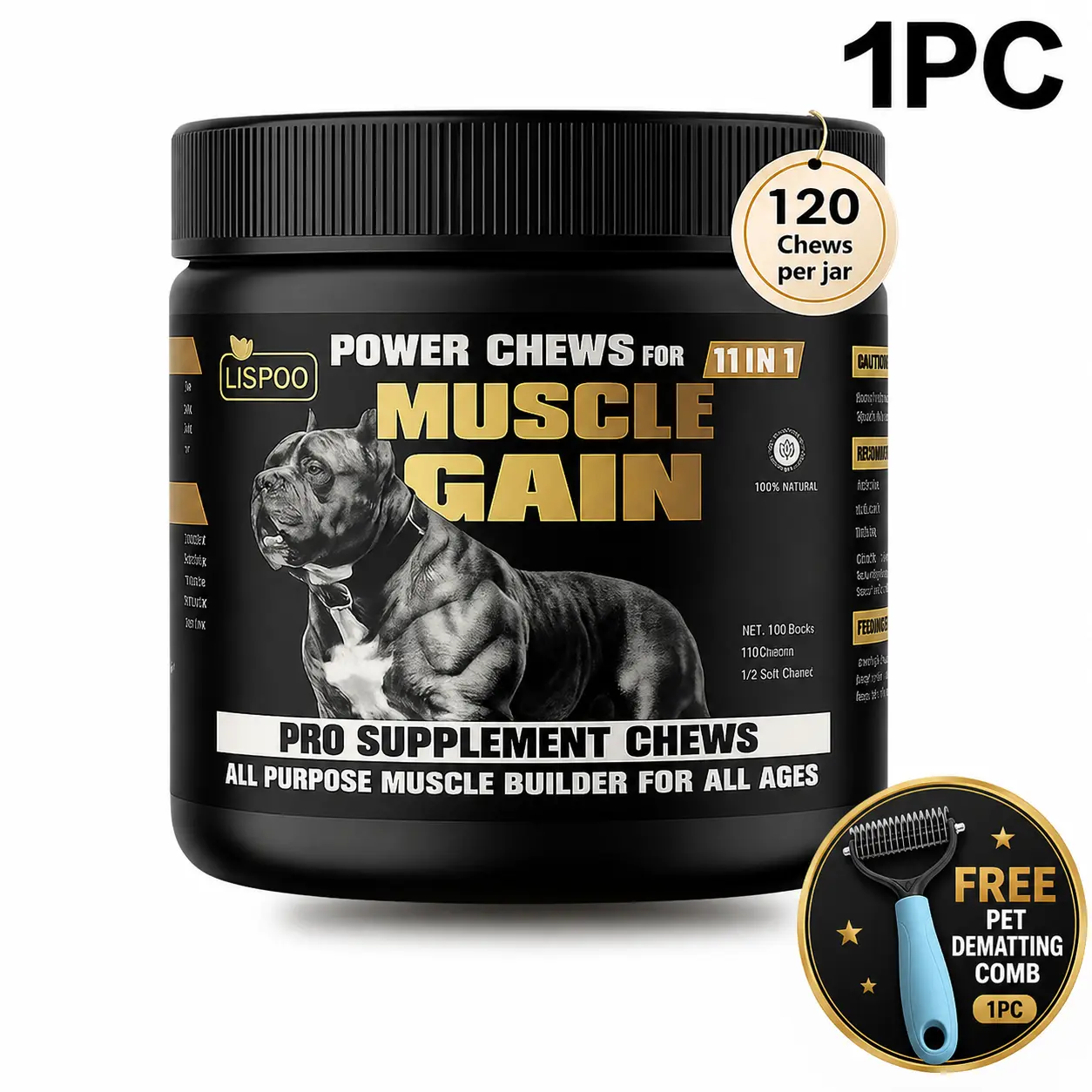 11-in-1 Muscle Gain Power Chews for Dogs, LISPOO 3PCS/2PCS/1PC ，120 Chews, High Protein Dog Supplement with Amino Acids, Daily Muscle Support Soft Chews for Puppies, Adult Dogs & All Breeds hair balls outdoorfun immunity boost