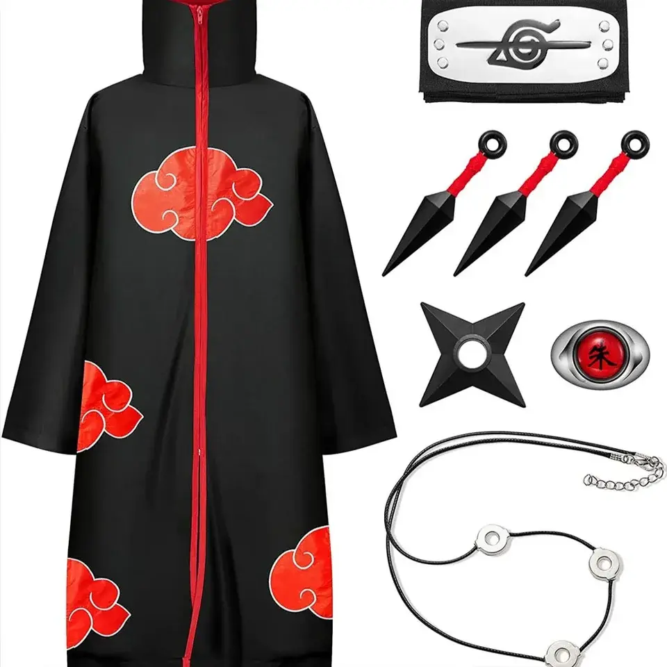Anime Hokage Akatsuki Cosplay Costume Ninja Cloak With Red Clouds Headband Pain Itachi Sasuke Deidara Kakuzu Comic Con Party Set
