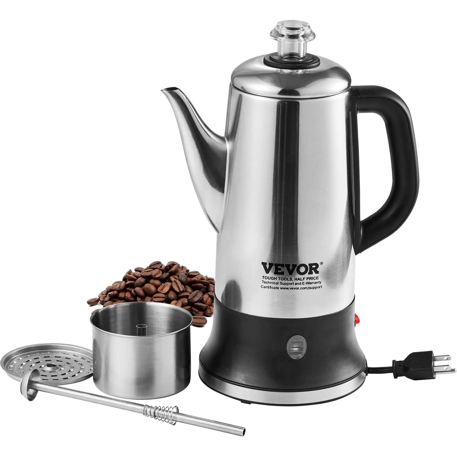 【Summerfinds】VEVOR 12-Cup Electric Percolator Coffee Pot, 304 Stainless Steel Coffee Percolator with Keep Warm Function & Heat-Resistant Handle, Classic Coffee Maker, Quick Brew & Easy-Pour Spout, Silver
