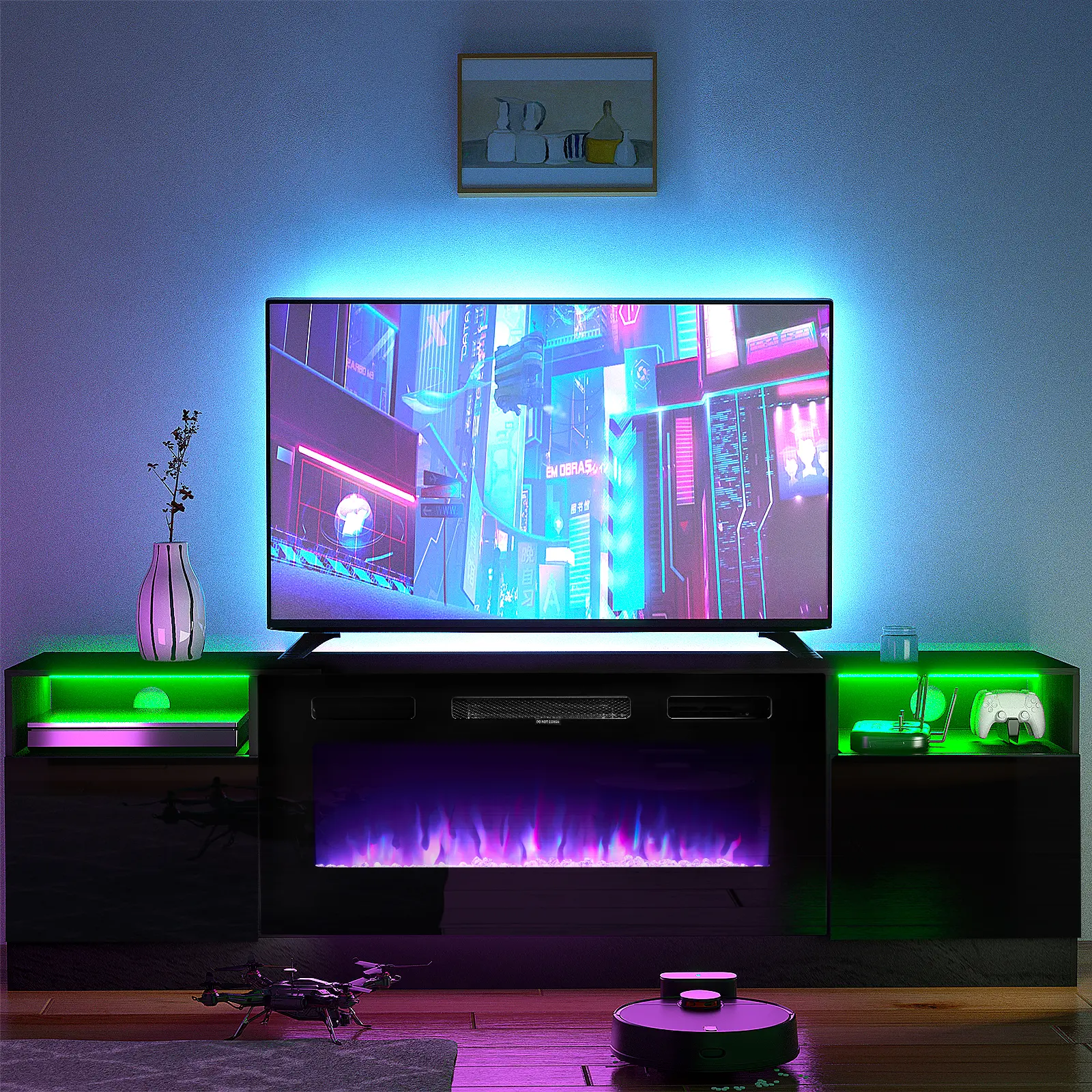 oneinmil 70in TV Stand with 36in Electric Fireplace - Large Modern Media Entertainment Center, Storage Cabinet, 12-Color LED Lights for TVs Up to 80in, Light Up Your Space