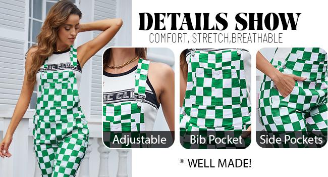 ODEFOU St. Patrick's Day Checkered Overalls for Women Stretch Plaid Print Football Game Outfit Fashion Jean Jumpsuit Cute Denim Bibs Coveralls Sleeveless Clothes Spring Fall Winter Festival Vibes Womenswear