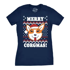 Womens Merry Corgmas Corgi Dog Mom Ugly Christmas Sweater Gift T shirt Funny Funny Womens T Shirts Cute Vintage Fashion Casual Ladies T-Shirt Gift Christmas Tops for Women Funny Dog Top Women's Novelty Tees Navy