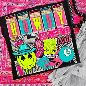 Howdy Cool Neon Collage TShirt, Sweatshirt, Hoodie, Vintage Western Crewneck Sweatshirts, Western Outfit Women, Cowgirl Outfits, Western Clothing Stuff Tops, Country Concert Outfits, Western Style Clothes