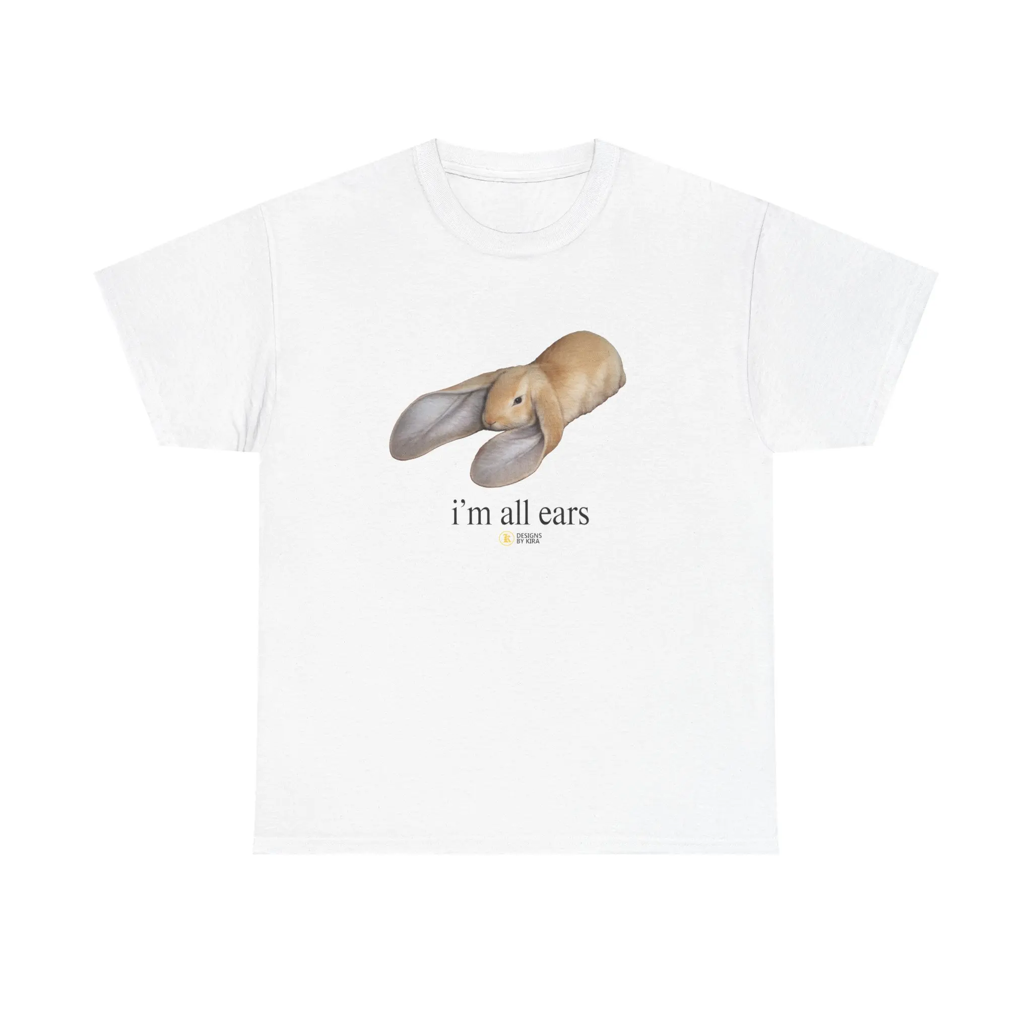 Men's Unisex Cotton Ribbed Short-Sleeve Round Neck Breathable Casual T-Shirt - "I'm All Ears" Bunny & Dinosaur Graphic, Streetwear, Tshirt, Top, Shortsleeve, Fabric, Fit, Oversized, Print, Original Art, True-To-Size, Graphic Shirts, Basics