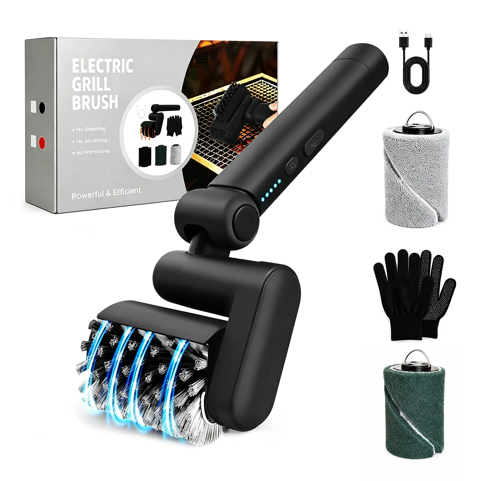 RENRUI Electric Grill Brush for Outdoor, 2026 New Power BBQ Grill Cleaner with 3 Heads, 2-Speed & Angle Adjust Cordless Rotary Grill Brush, 150Mins Runtime Grill Cleaning Brush for Barbecue Grates