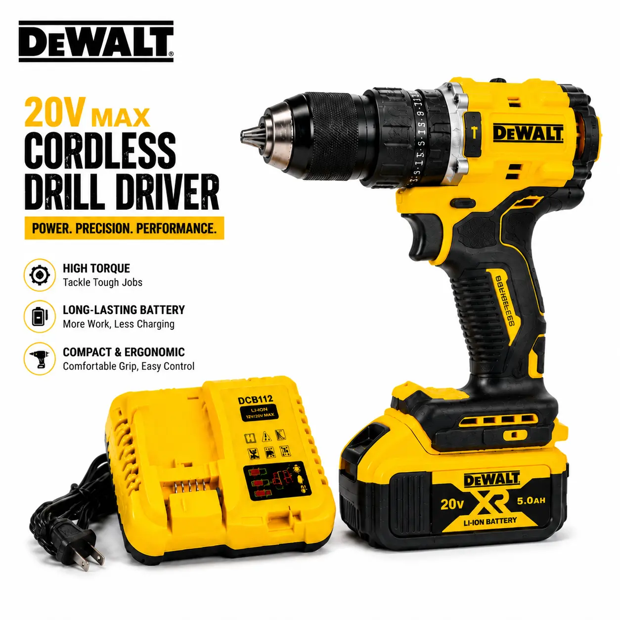 ()DEWALT Yellow Cordless Drill Set for DIY Users, High Torque Drilling & Screw Driving, Durable Metal Gears, Strong Plastic Housing, Powerful Lightweight Design, Home Repairs Power Tool Kit for Garage Woodworking