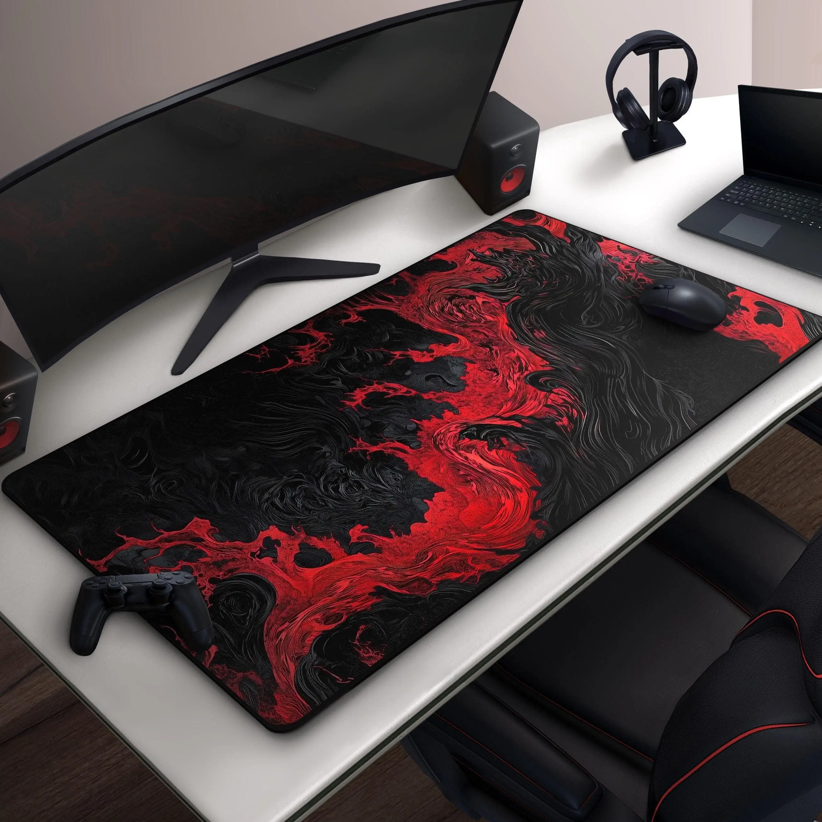 [Anime & Game Collection - Sale Up To 35%] Gothic Flame Desk Mat, Red Black Abstract Fire Art Extended Mouse Pad, Dark Aesthetic Desk Decor for Gamers