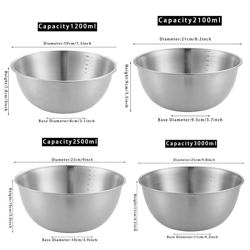 Four-piece mixing bowl set, stackable kitchen bowls with anti-slip bottoms, stackable food preparation bowls suitable for baking, cooking, salad making, dough mixing, stirring, meal preparation, serving and kitchen storage.