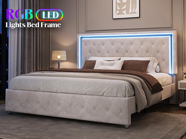 AMERLIFE Modern Bed Frame with RGB LED Lights, Adjustable Headboard Velvet Button Tufted/Acrylic Mirror Accents/Smart APP&Remote Control/No Box Spring Needed/Sophistication Design/Furniture Room/Full/Queen Size/Best Gift Ideas/Christmas Gifts