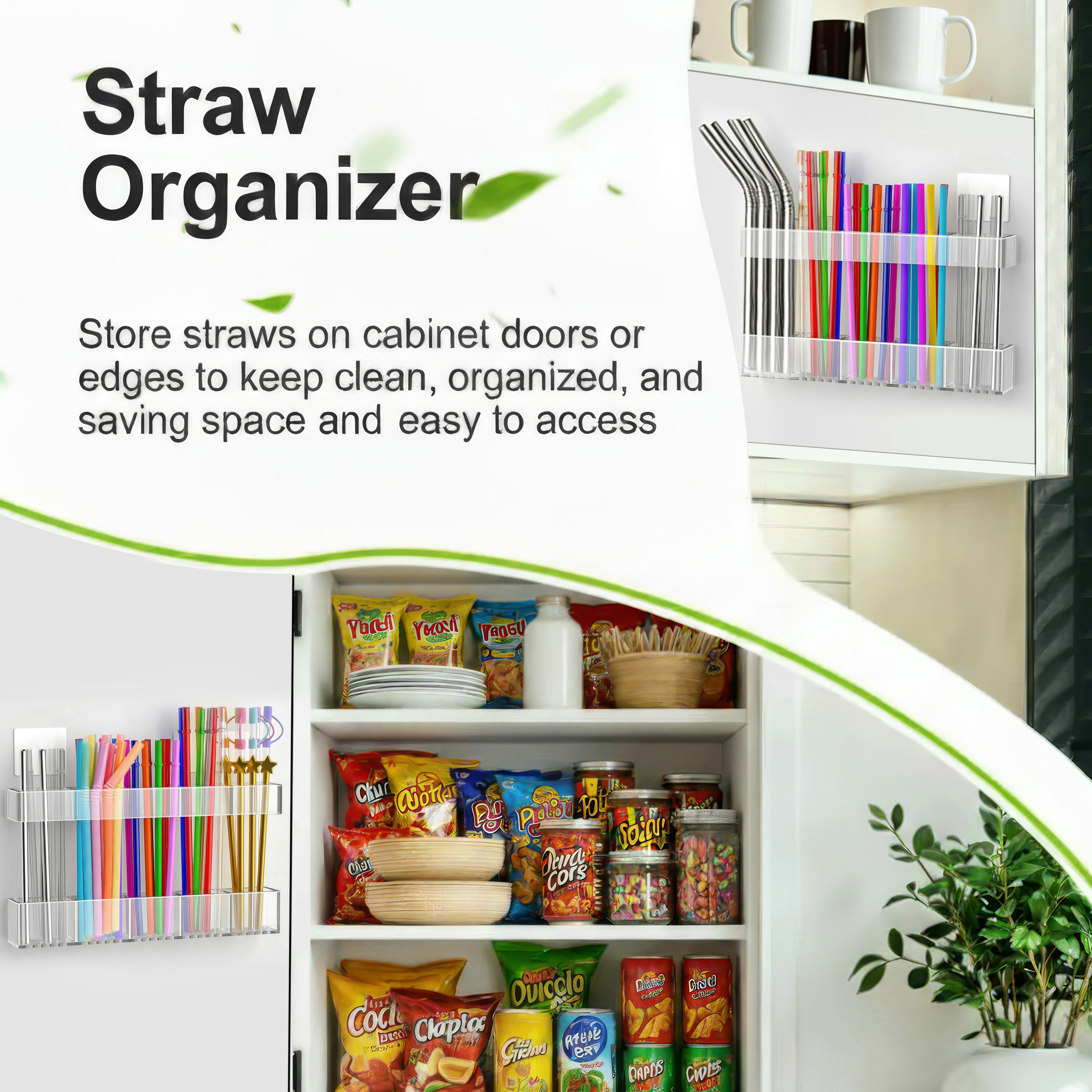 9.5-inch Large Acrylic Straw Holder for Cabinet Doors Reusable Adhesive Storage Rack for Countertops and Cupboards, Clear and Space-Saving
