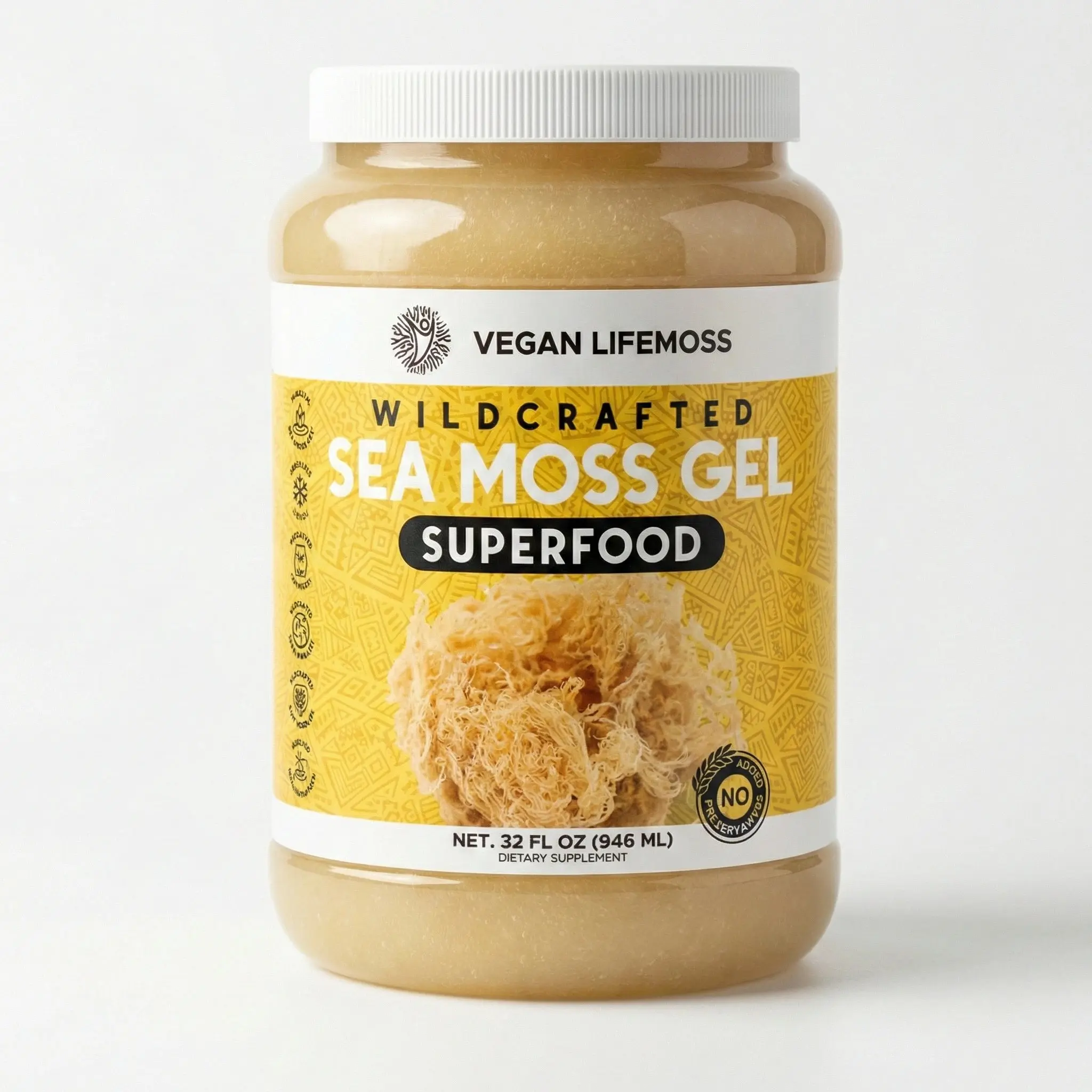 Vegan Lifemoss Premium Sea Moss Gold Gel - Wildcrafted Superfood for Digestive Skin Bones Joints - 32 Fl Oz - Organic Natural Supplement