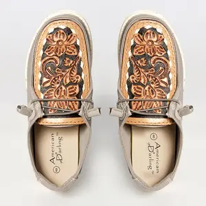 American Darling Hand tooled, carved genuine leather trim lightweight shoe footwear, slip on| Tooled Footwear