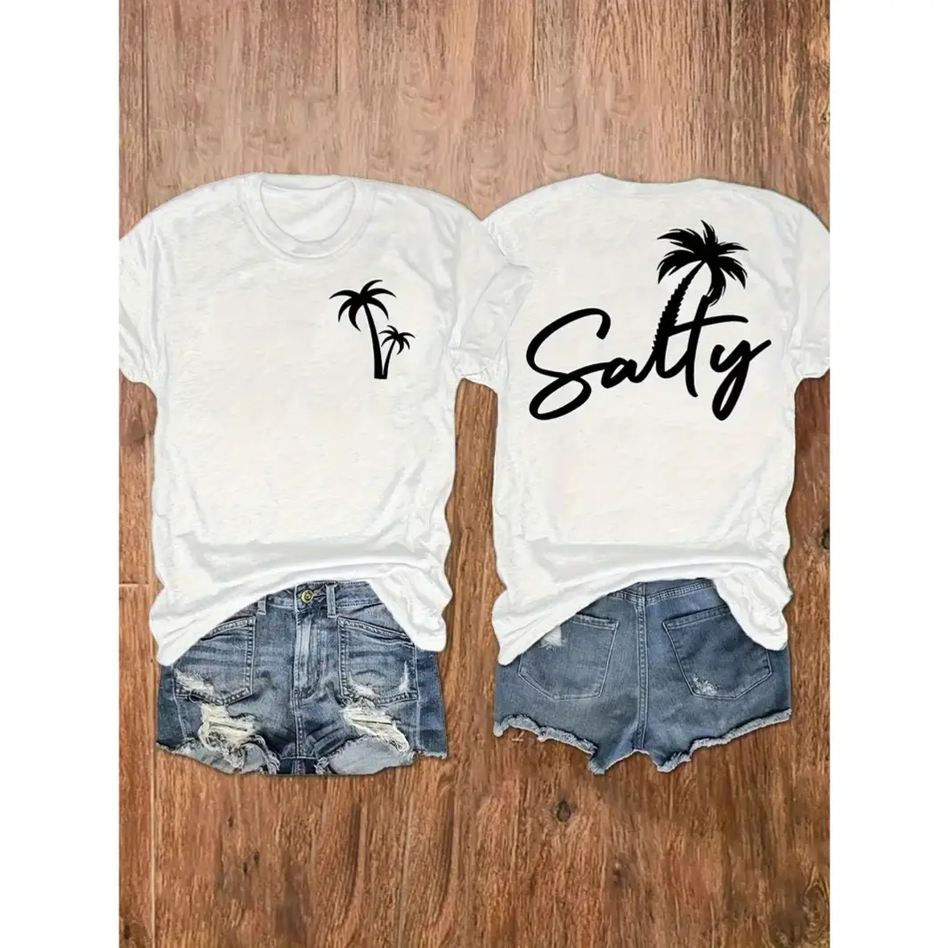 Womens Salty Graphic Tee Short Sleeve Crewneck Summer Beach Vacation Shirt Cute Palm Tree Print Casual Loose Fit Soft Top# versatile short sleeve