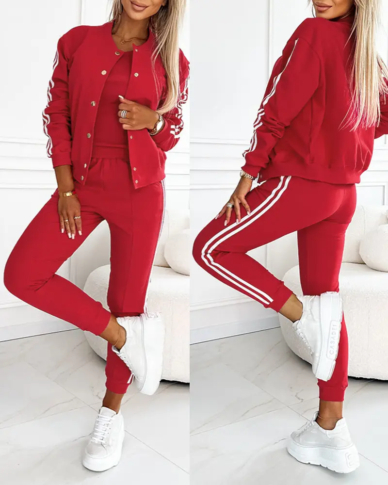 2026 CHICME Women's 3 Piece Outfits Matching Sets Striped Tape Patch Tank Tops Button Front Jacket Cuffed Pants with Pockets Tracksuit Comfort Womenswear Elastic Baseball