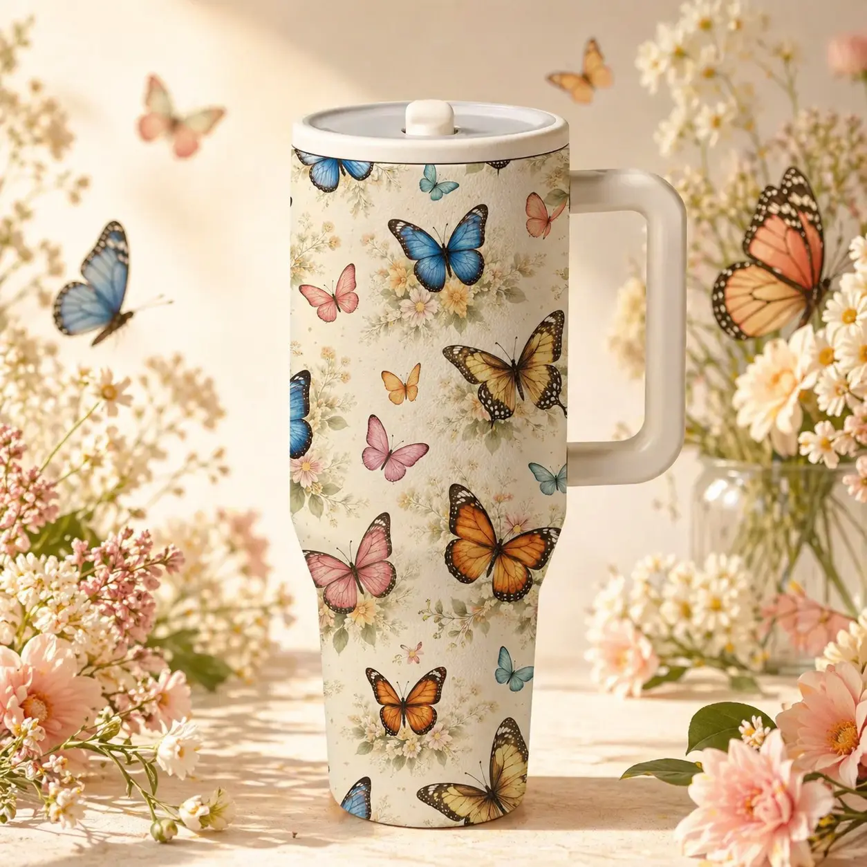 40oz Insulated Travel Mug, Stainless Steel Thermos Flask, Butterfly Floral Print, Double Wall, Leak-Proof, Skinny Design, Hot & Cold Drinks, BPA-Free, Ideal Gift, Keeps Drinks Hot for 12 Hours, Cold for 24 Hours, Travel Mugs Insulated For Hot And Cold