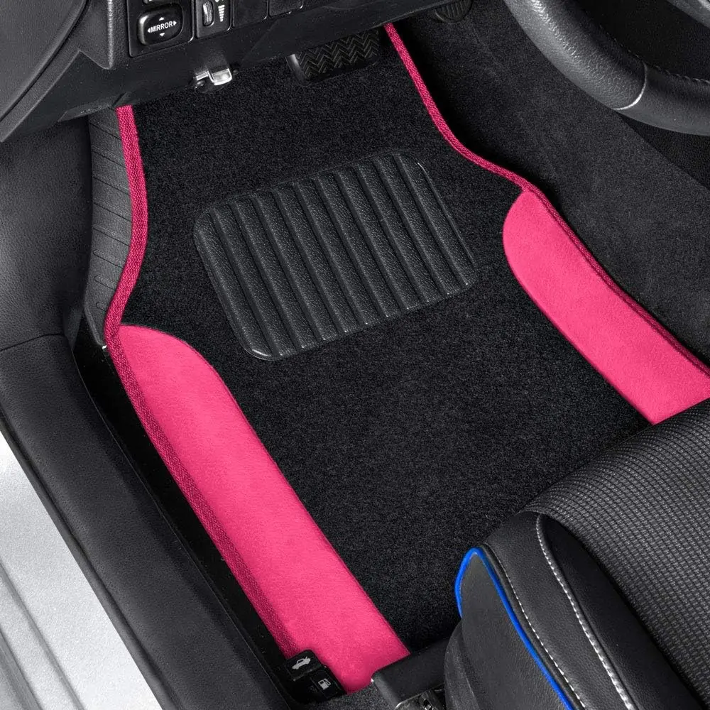 BDK Two-Tone Carpet Car Floor Mats with Faux Leather Accents, Automotive Floor Mat Set with Built-in Heel Pad, Stylish Interior Car Accessories Truck Bed Mat Trunk Mat