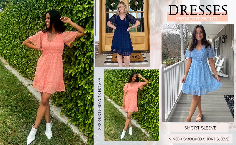 BTFBM Women's V Neck Casual Vacation Dress Short Sleeve Smocked Swiss Dot Ruffle Mini Beach Summer Dress 2026