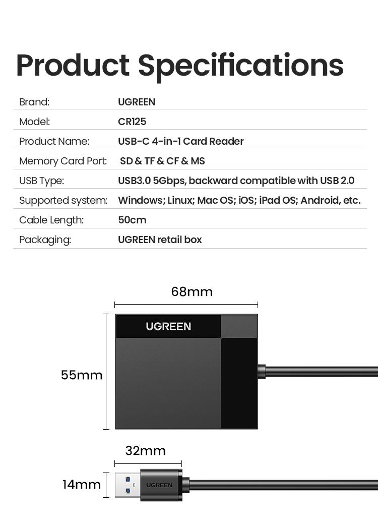 UGREEN 4in1 SD TF Card Reader 5Gbps 2TB Max USB 3.0 TF, SD, CF,MS ,Micro SD, SDXC for Windows Linux MacOS Laptop PC, Computer Office Accessories, September Restock，TikTokShopBlackFriday ,TikTokShopHolidayHaul