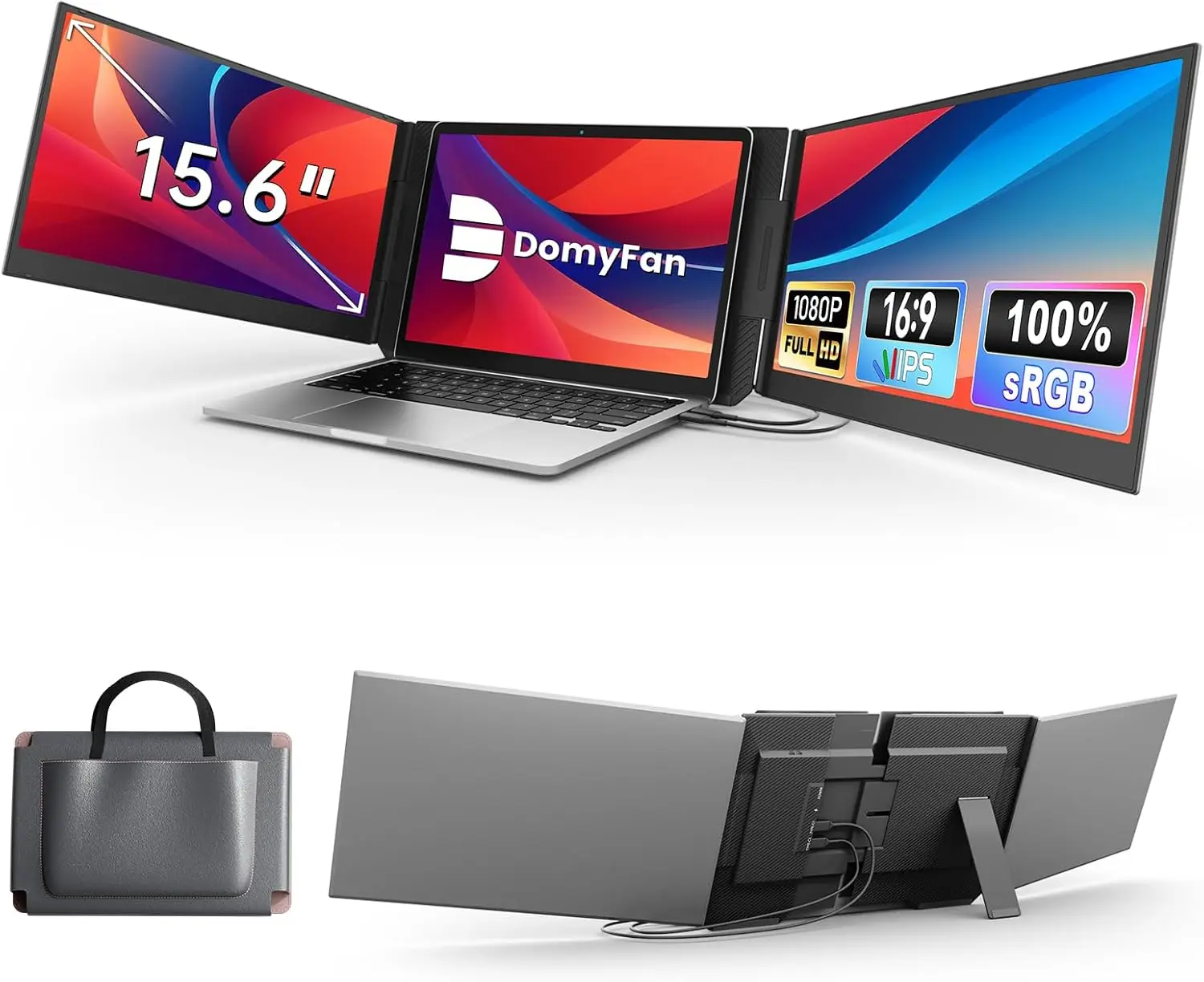 domyfan 15.6" Laptop Screen Extender, Triple Portable Monitor with Ultra-Thin FHD 1080P IPS Display for 13-17" Laptop, Plug & Play via HDMI/USB-A/Type-C, Compatible with Mac/Windows/Android tiktokshopbacktoschool