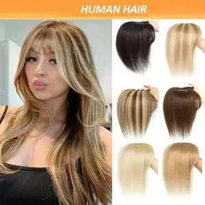 Hot Sell NEW Arrived Real Human Hair Topper Hair Extensions with Bangs - Golden Brown & Bleach Blonde Straight Hair Base Clip-In Hairpiece for Women, Natural Look & Versatile Styling, Hair Styling, Versatile Hairpiece, Secure Clip Attachment