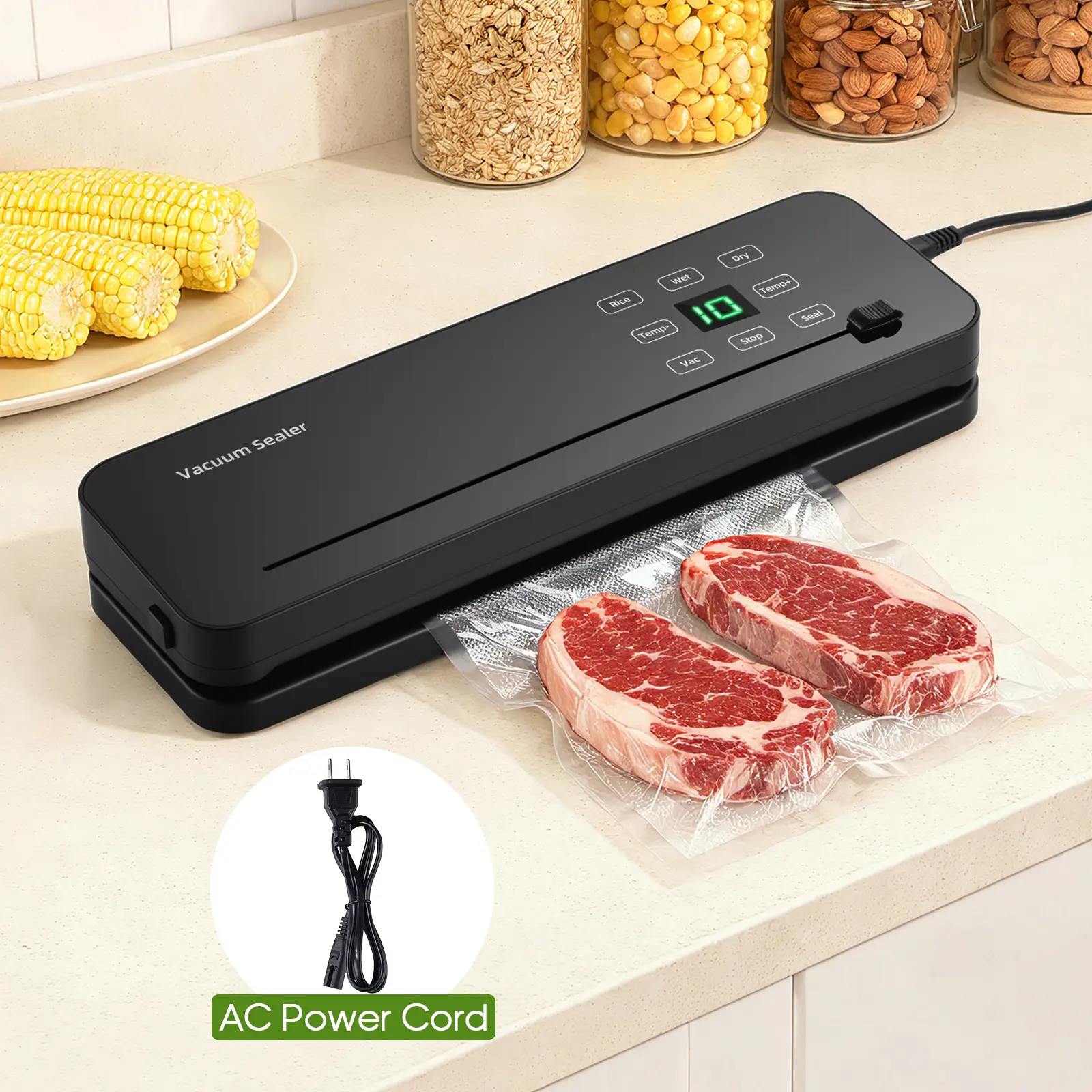 Powerful Vacuum Sealer | Compact Design | One-Button Automatic Operation | 10-20 Second Fast Sealing | Dry, Cold, and Wet Modes | Includes 10 Vacuum Bags and Built-in Cutter (Black)