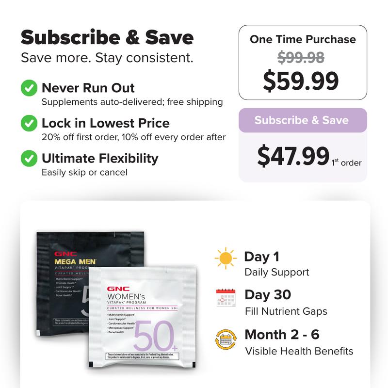 Golden Wellness Bundle: GNC Women & Mega Men's 50+ Vitapak, 5-in-1 Multivitamin Pack, Energy Production, Menopause & Prostate Support, Cardiovascular, Joints, Bone Health Support, Edible Dietary Supplement, Jumpstart Golden Wellness Bundle: GNC Women & Mega Men's 50+ Vitapak, 5-in-1 Multivitamin Pack, Energy Production, Menopause & Prostate Support, Cardiovascular, Joints, Bone Health Support, Edible Dietary Supplement, Jumpstart