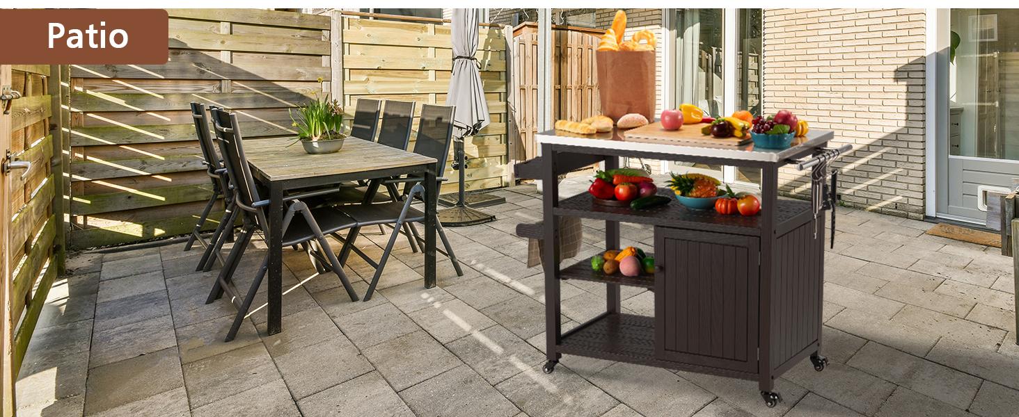 AHB Movable Outdoor Grill Table - Solid Wood Storage Cabinet with Stainless Steel Top, Rolling Kitchen Island & Patio Bar Cart for Backyard, Garden, 2 Doors Design for Easy Storage
