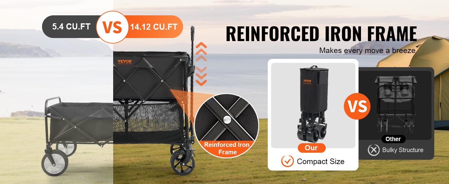 VEVOR Foldable Double Decker Wagon, Collapsible Wagon Cart with All-Terrain Wheels, Heavy Duty Folding Wagon Cart  for Camping, Shopping, Garden, 52" Extra Long Extender