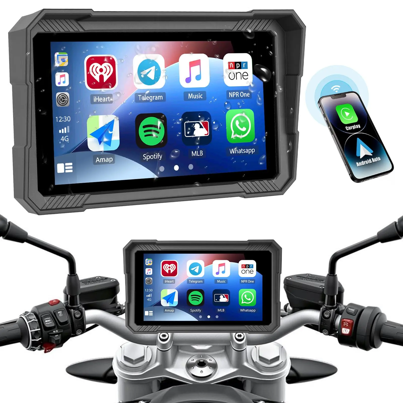 Moto CarPlay Screen 5 Inch with Wireless CarPlay Android Auto, Bluetooth, IP67 Waterproof Navigation System, HD Touch Screen for Motorcycles, 12V
