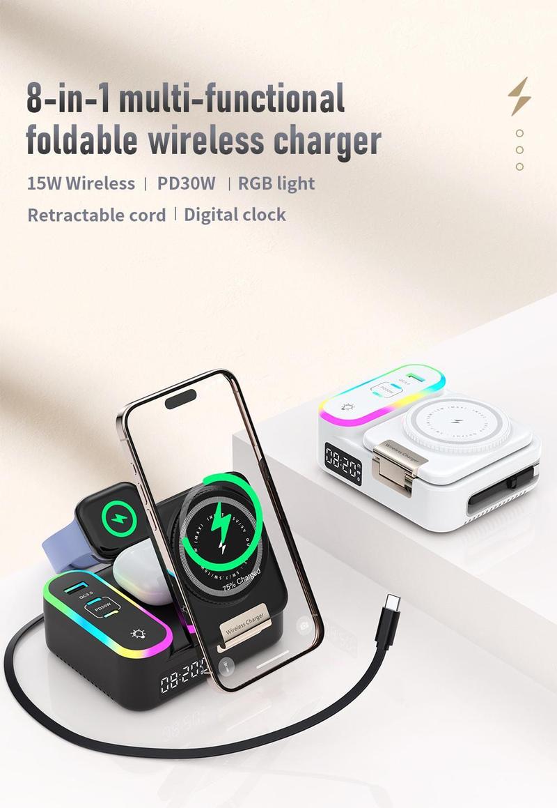 2026 8-in-1 FoldaWireless Charging Station Magnetic Charger for Smartphones Smartwatches & Earbuds Compatible with iPhone Apple Watch & More Compact Portable Device Charging Station Black Folding Electronic
