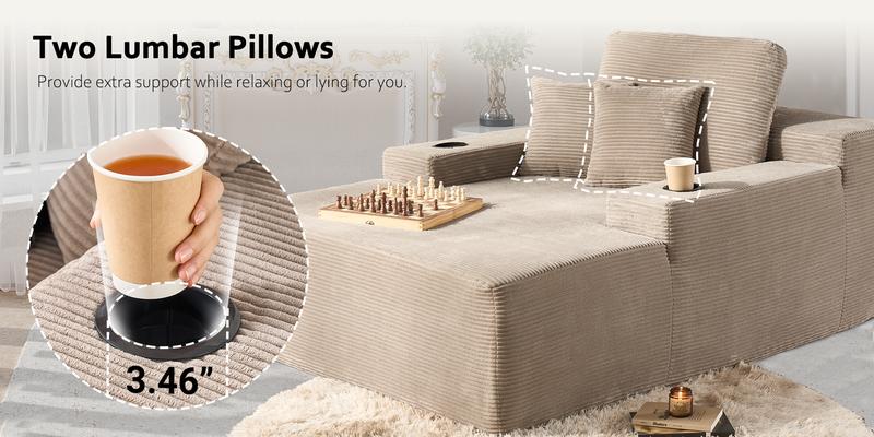 【Jumpstart Sale】Ovios 67'' Boneless Chaise Lounge Chair with Cup Holders, Oversized Upholstered Sofa Bed, Sleeper Couch Reading Chairs Fluffy Plush Corduroy Cloud Sofas Couches Living Room - No Assembly Required